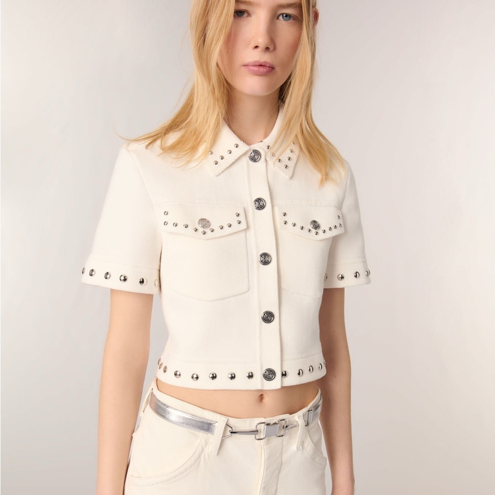 Maje White Studded Short-Sleeve Jacket